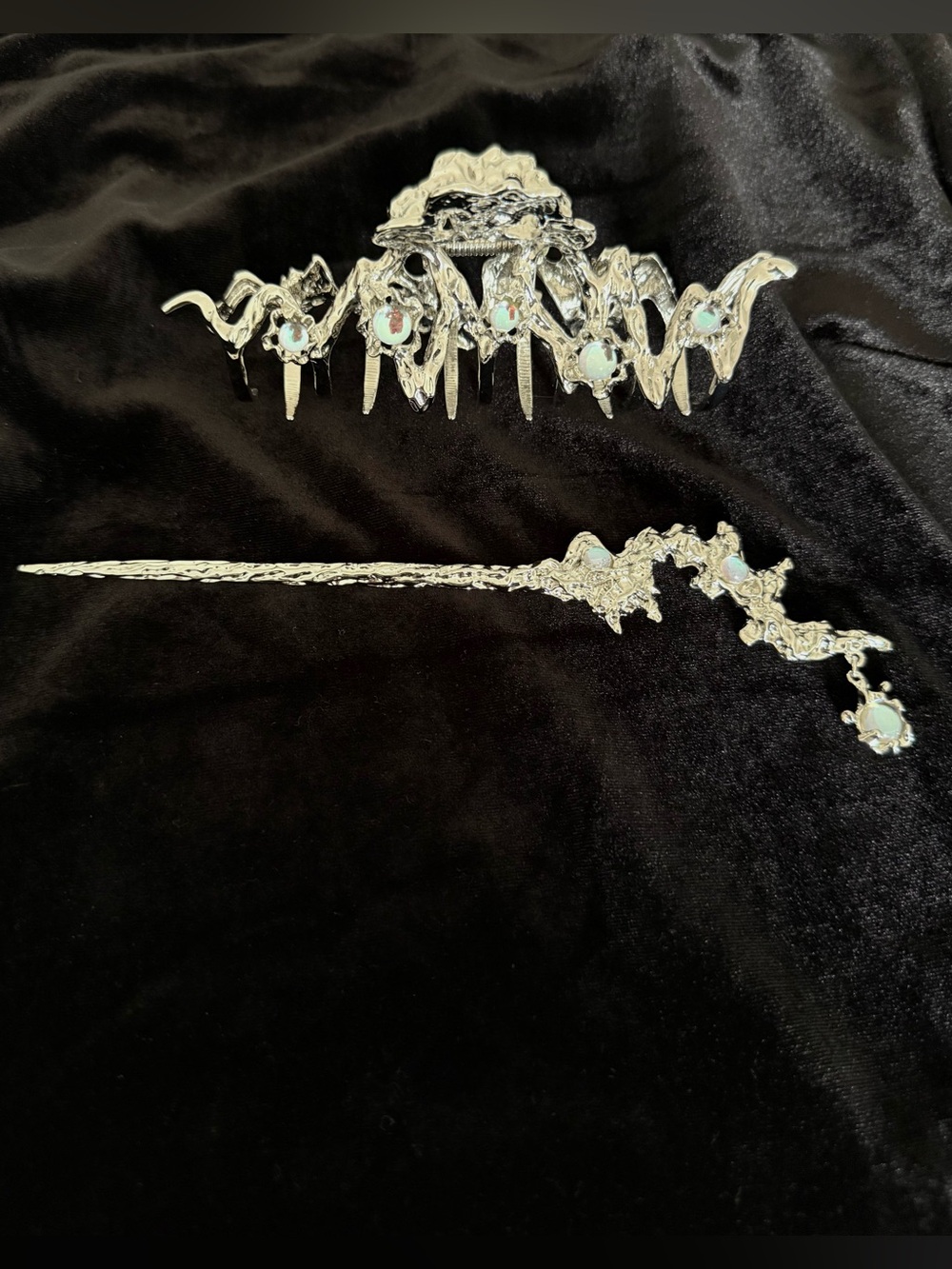 Silver Fairy Hair Clip & Hair Stick Set with Opalescent Stones